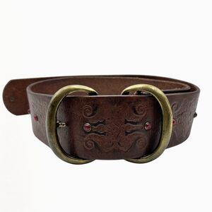 Diesel Mens Belt 32 Brown Tooled Leather Red Studs Italy Wide Casual Mod Archit